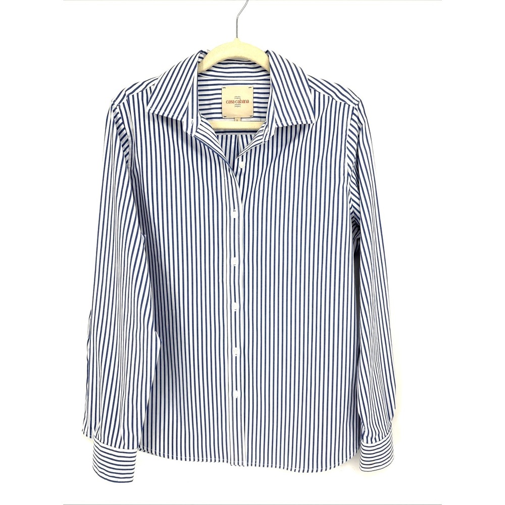 Casa Cabana Button Up Shirt Womens Large Blue Long Sleeve Nautical Classic
